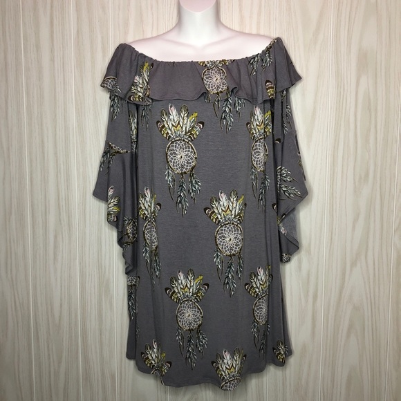 Peach Love Dream Catcher Feather Gray Ruffle Dress - Picture 1 of 8